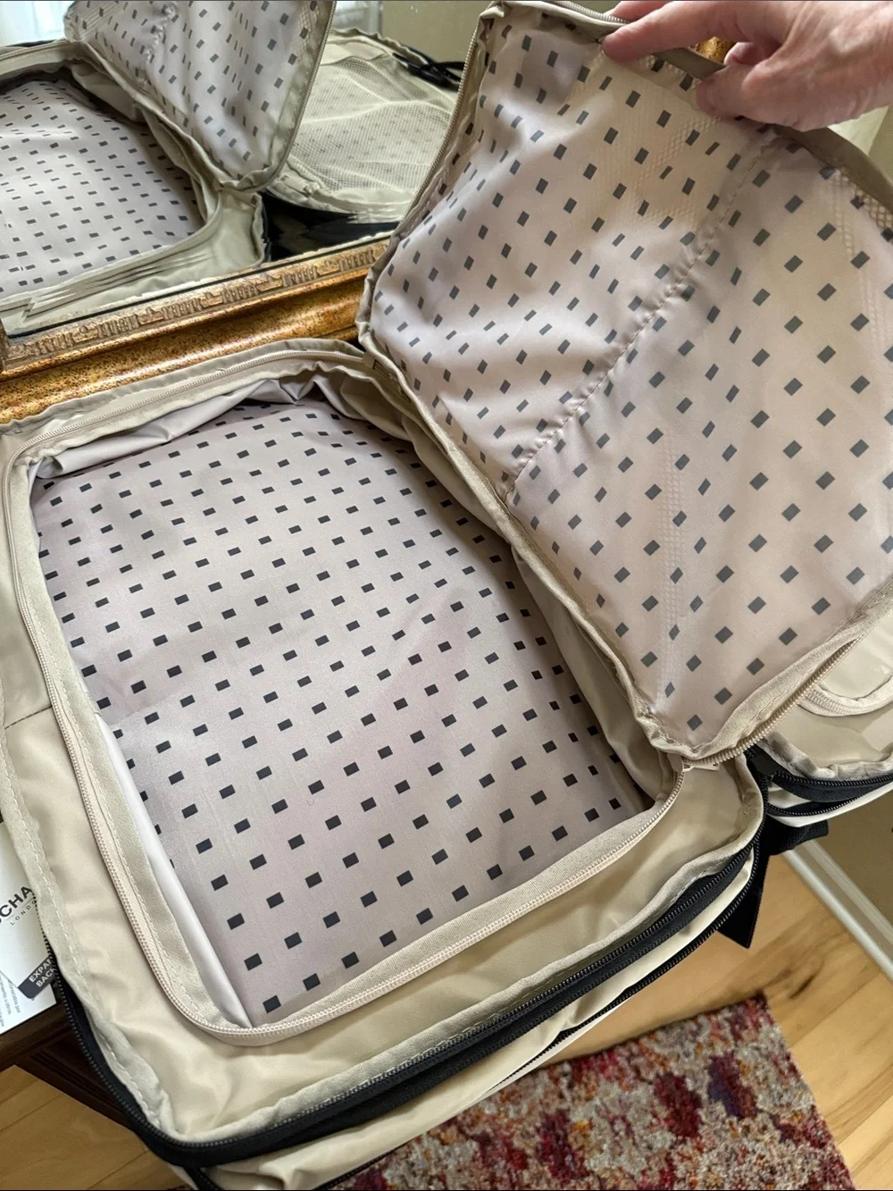 Duchamp Beige Expandable Travel Backpack/ Suitcase with laptop pocket and USB.